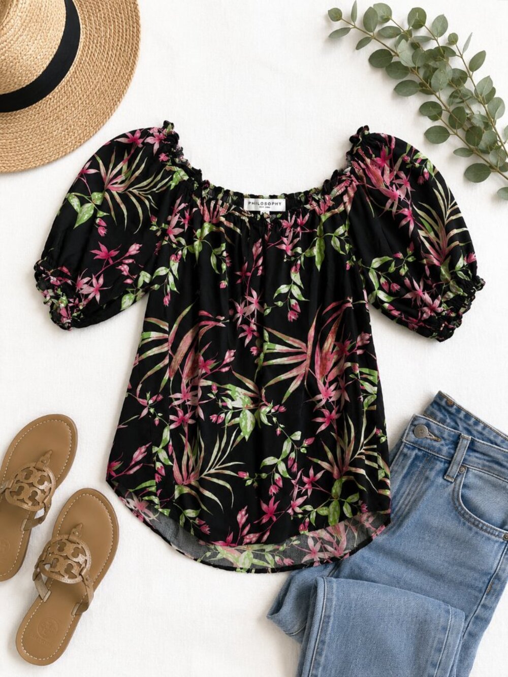 Philosophy Black Floral Off Shoulder Blouse Size XS Puff Sleeve Top